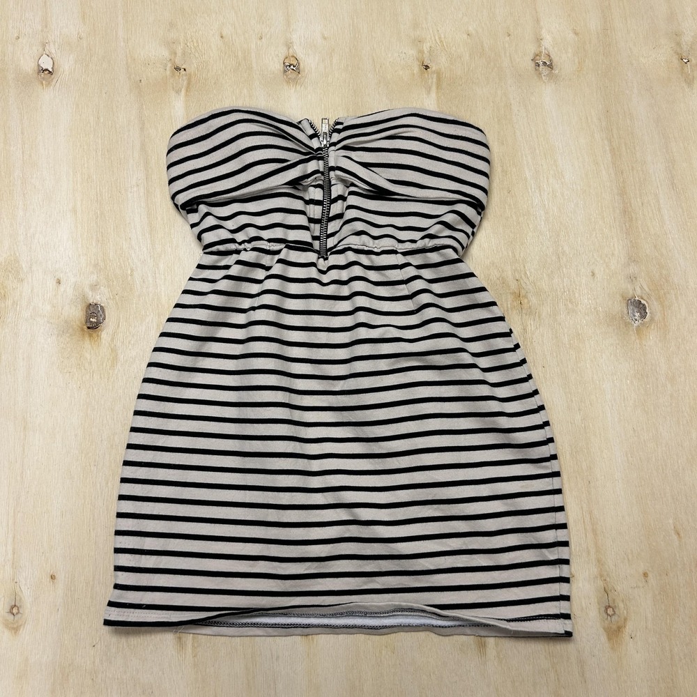 Y2K Toska Dress Womens S Black Stripe Strapless Sweetheart Jersey Short Sundress
